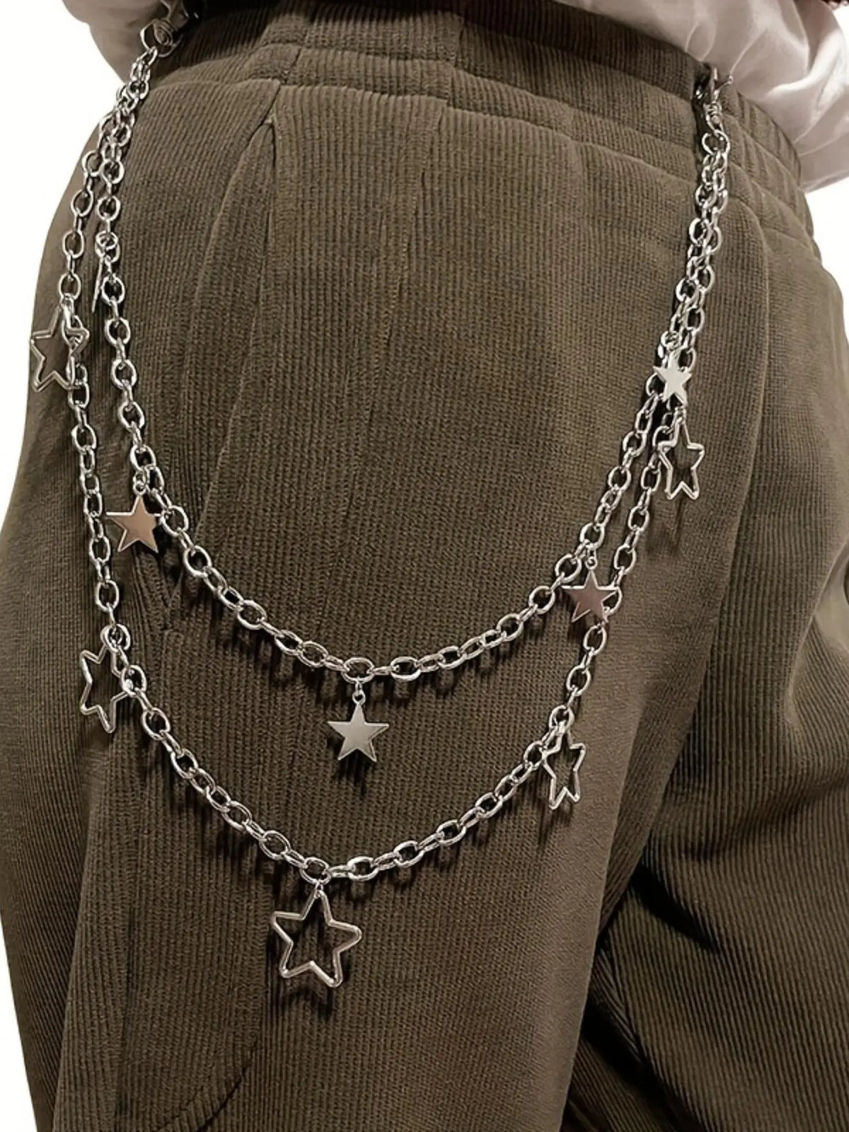 Elegant Star Detail Double Layered Chain Belt, Star Decorated Belt, Punk Style Belt, Punk Retro Alloy Waist Chain, Hip-Hop Rock Waist Chain, Fashion All-Match Clothes Accessories for Women and Men, Stylish Belts, Cool Belts