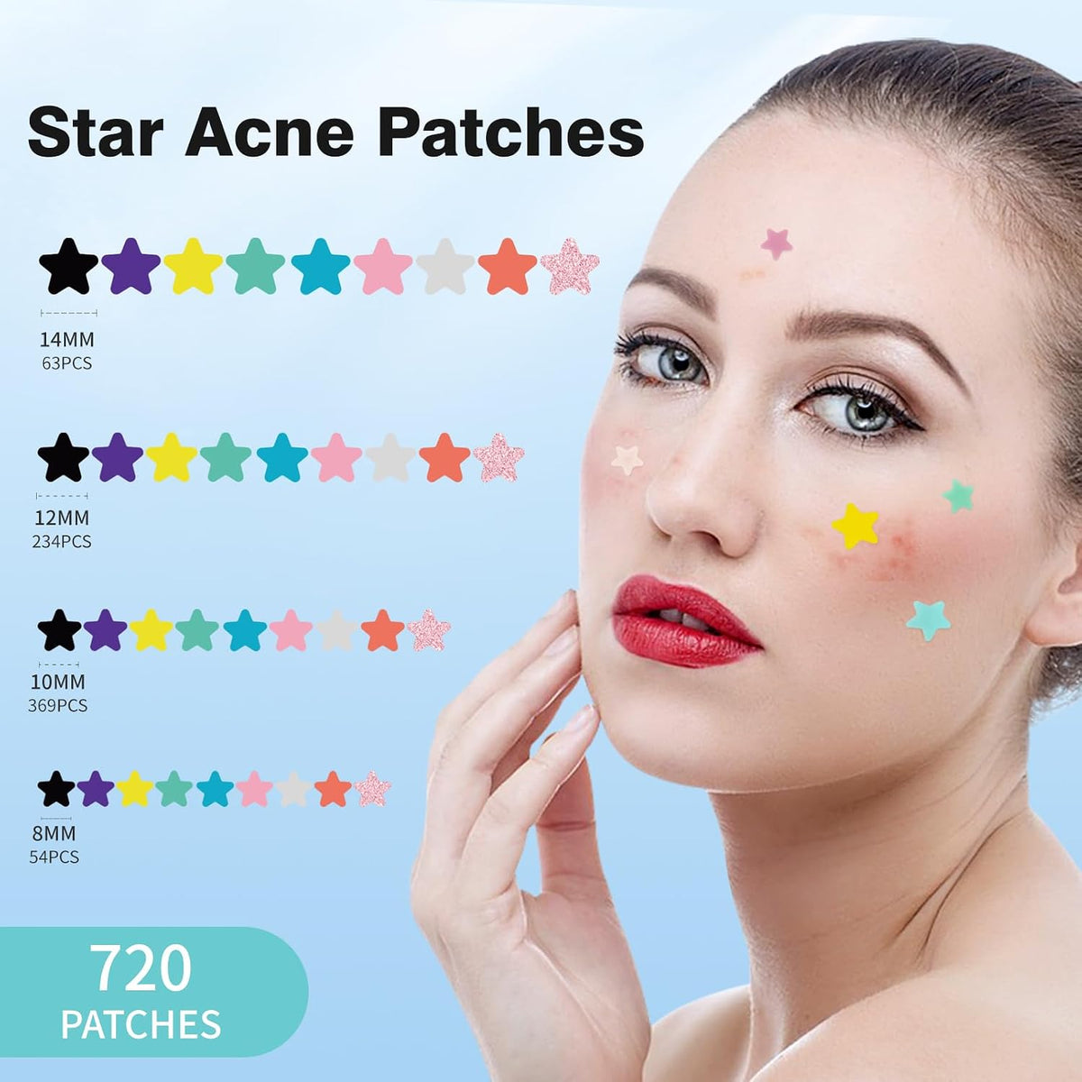 Pimple Patches for Face, Hydrocolloid Acne Patches, Cute Star Zit Covers, Colorful Spot Stickers with Tea Tree, Salicylic Acid & Cica Oil| 4 Sizes (8Mm, 10Mm, 12Mm & 14Mm) | 720 Count