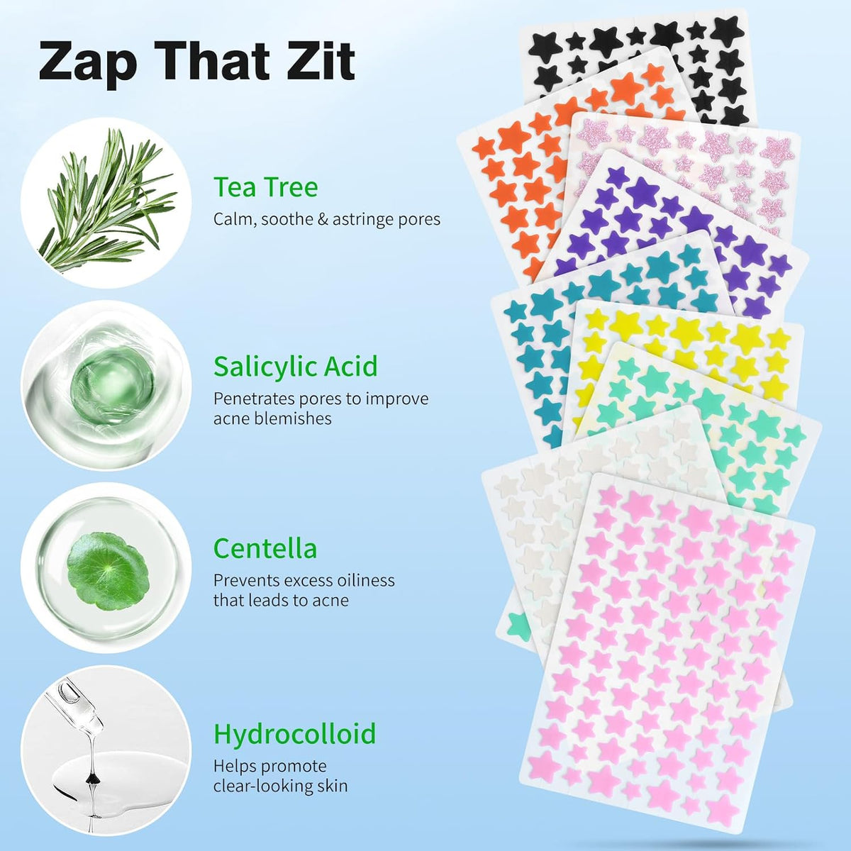 Pimple Patches for Face, Hydrocolloid Acne Patches, Cute Star Zit Covers, Colorful Spot Stickers with Tea Tree, Salicylic Acid & Cica Oil| 4 Sizes (8Mm, 10Mm, 12Mm & 14Mm) | 720 Count