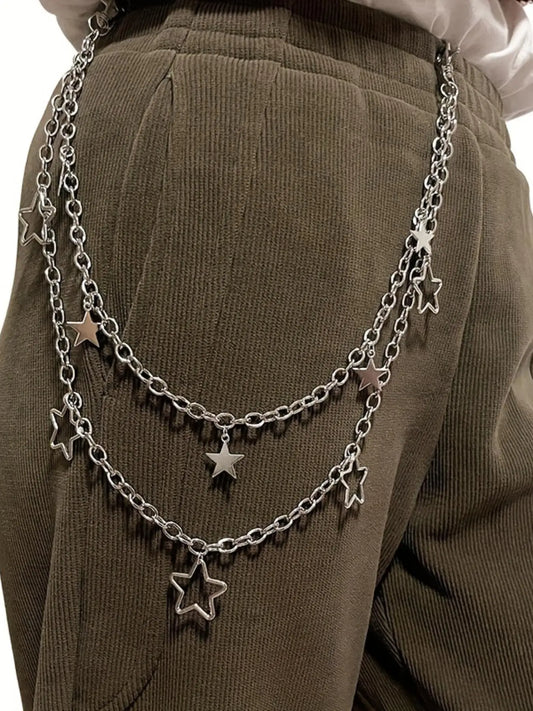 Elegant Star Detail Double Layered Chain Belt, Star Decorated Belt, Punk Style Belt, Punk Retro Alloy Waist Chain, Hip-Hop Rock Waist Chain, Fashion All-Match Clothes Accessories for Women and Men, Stylish Belts, Cool Belts